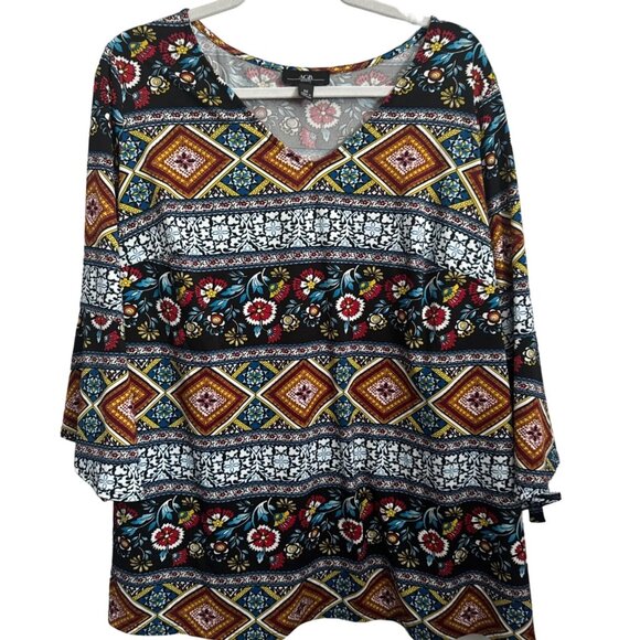 AGB Women's Boho Tunic Top 2X Colorful Geometric & Floral Print 3/4 Sleeves Top - Picture 4 of 11